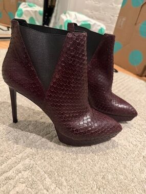 Saint Laurent Burgundy Snake-Embossed Pointed Stiletto Ankle Boots